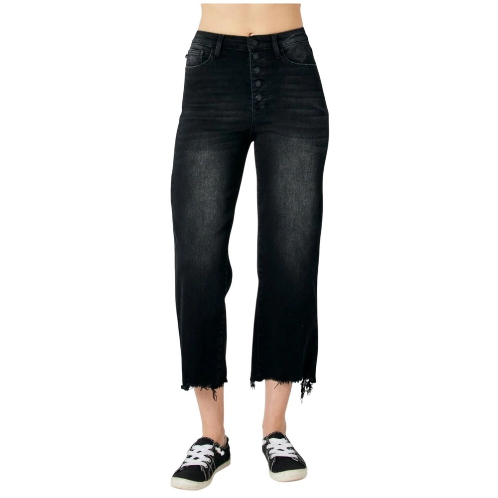 Judy Blue Jeans Women 22W Perfect Storm Black High Waist Button Fly Wide Leg EUC